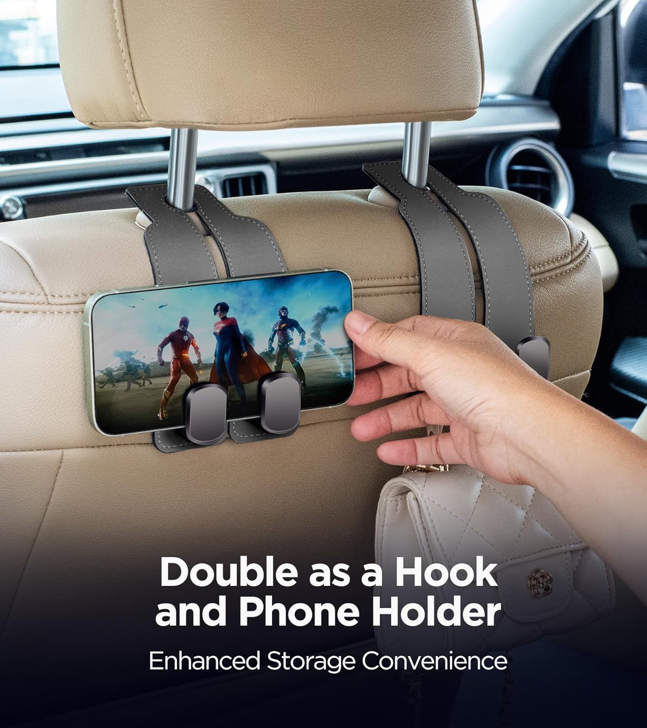 2-in-1 Premium Leather Car Headrest Hanger with Metal Hooks (1 Pair) - Image 3
